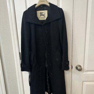 Womens Black Burberry Long Trench Coat 80% Wool 20% Cashmere Funnel Neck